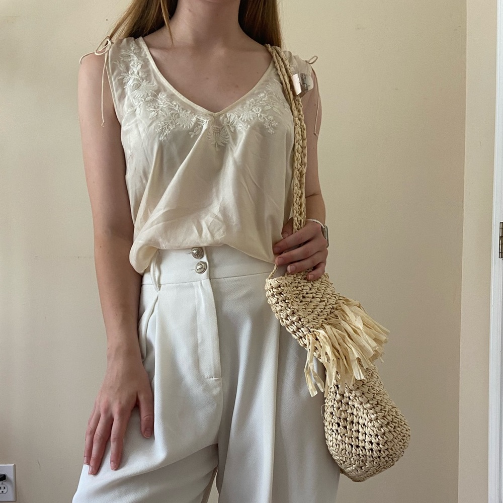 Anthropologie Silk Embroidered Ivory Top